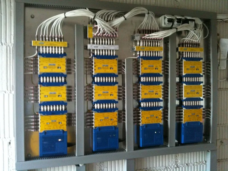 Verteilschrank mit vier Reihen Multischaltern und sauber gebündelten Leitungen