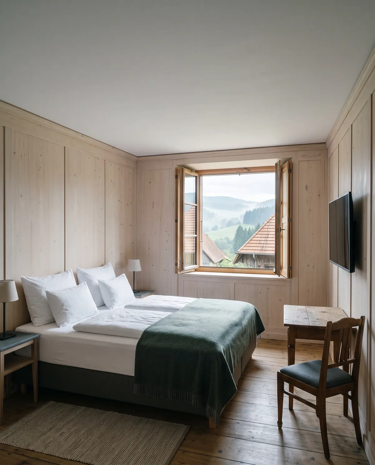Ruhiges Gästezimmer in einem Schwarzwaldgasthof mit Fernseher an der Holzwand