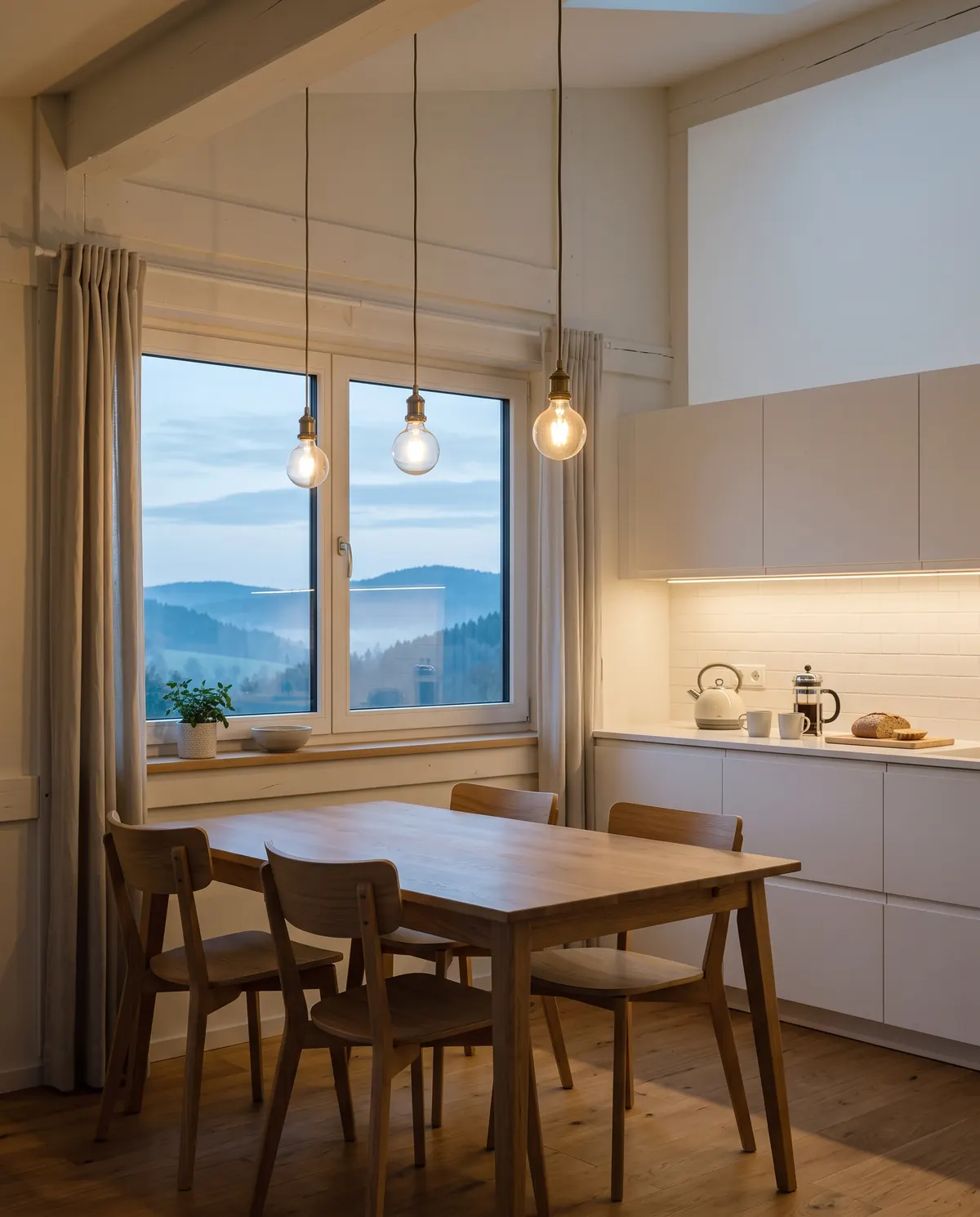 Küche am frühen Morgen mit LED-Pendelleuchten und Lichtleiste unter den Schränken